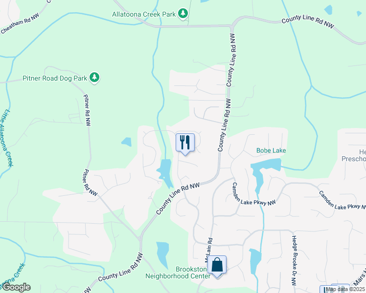 map of restaurants, bars, coffee shops, grocery stores, and more near 2320 Starr Lake Drive Northwest in Acworth
