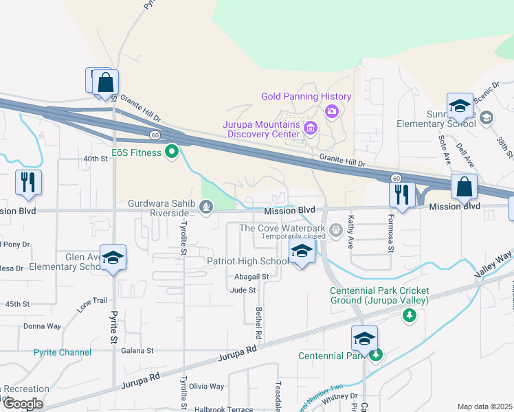 map of restaurants, bars, coffee shops, grocery stores, and more near 7807 Mission Boulevard in Jurupa Valley