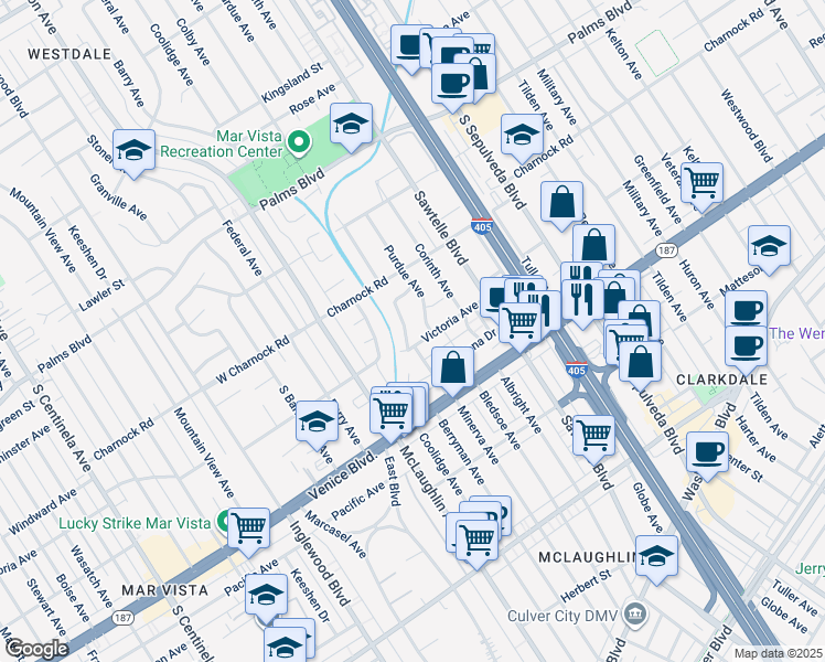map of restaurants, bars, coffee shops, grocery stores, and more near 3664 Berryman Avenue in Los Angeles