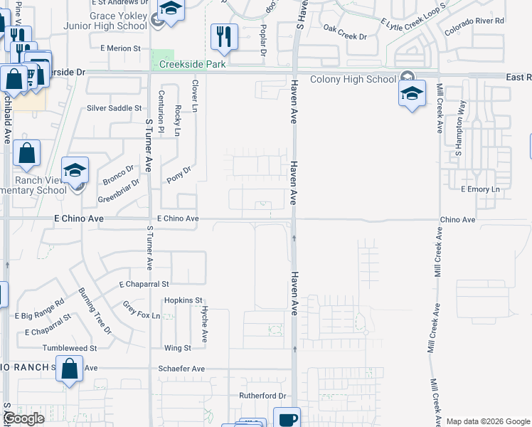 map of restaurants, bars, coffee shops, grocery stores, and more near 3430 East Foxglove Way in Ontario