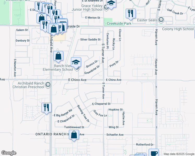map of restaurants, bars, coffee shops, grocery stores, and more near 2940 Stallion Way in Ontario