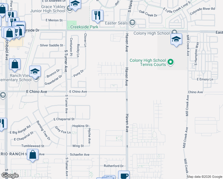 map of restaurants, bars, coffee shops, grocery stores, and more near 3400 East Foxglove Way in Ontario