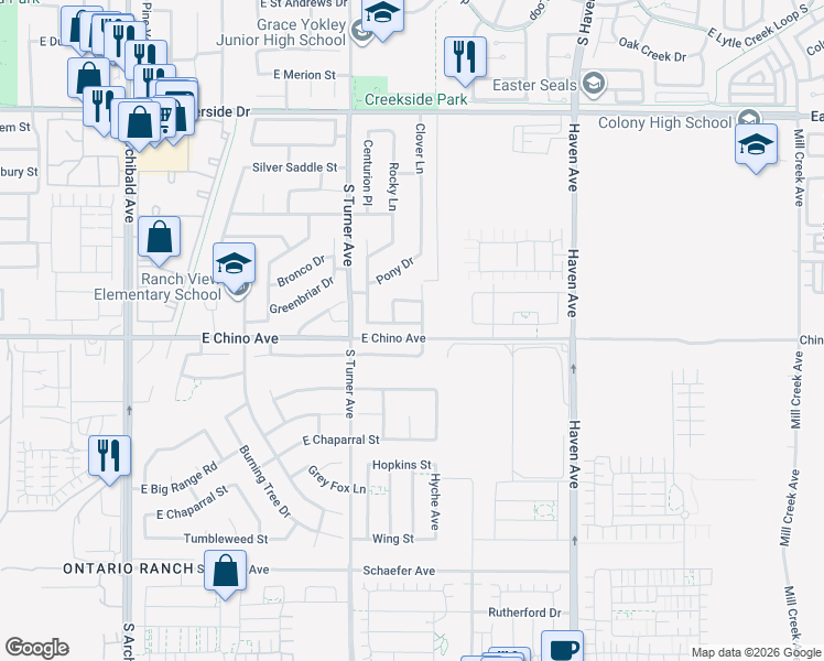 map of restaurants, bars, coffee shops, grocery stores, and more near 3280 Stallion Street in Ontario