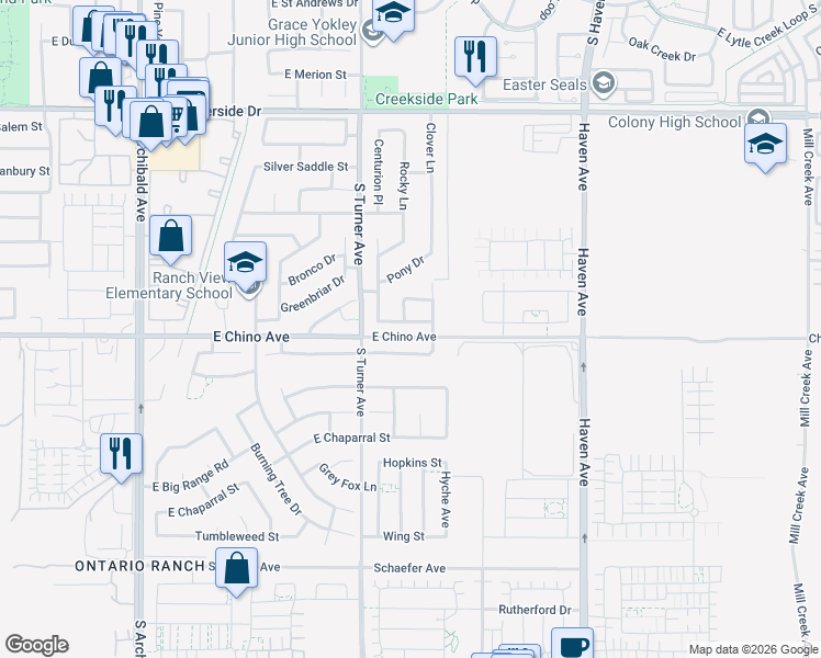 map of restaurants, bars, coffee shops, grocery stores, and more near 3256 Stallion Street in Ontario