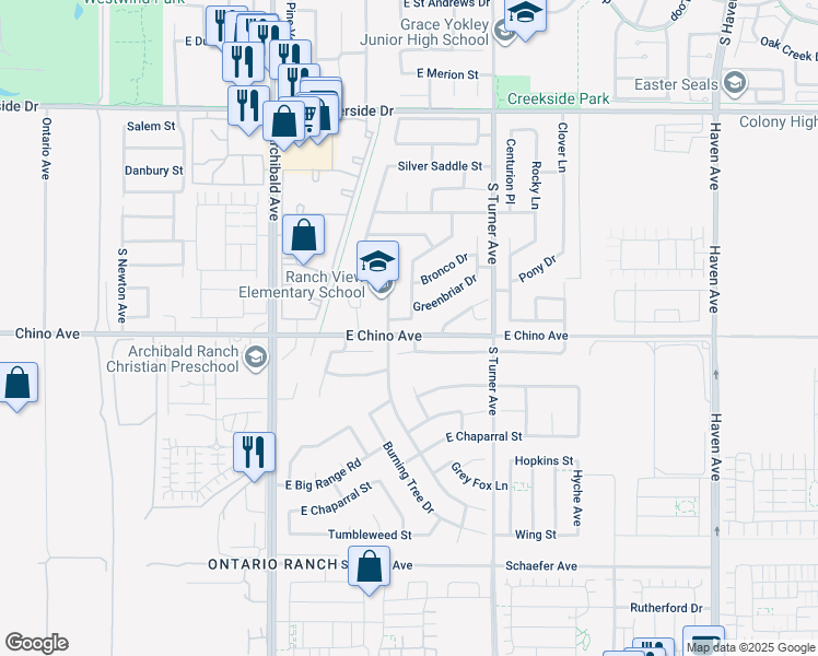 map of restaurants, bars, coffee shops, grocery stores, and more near 2908 Stallion Way in Ontario