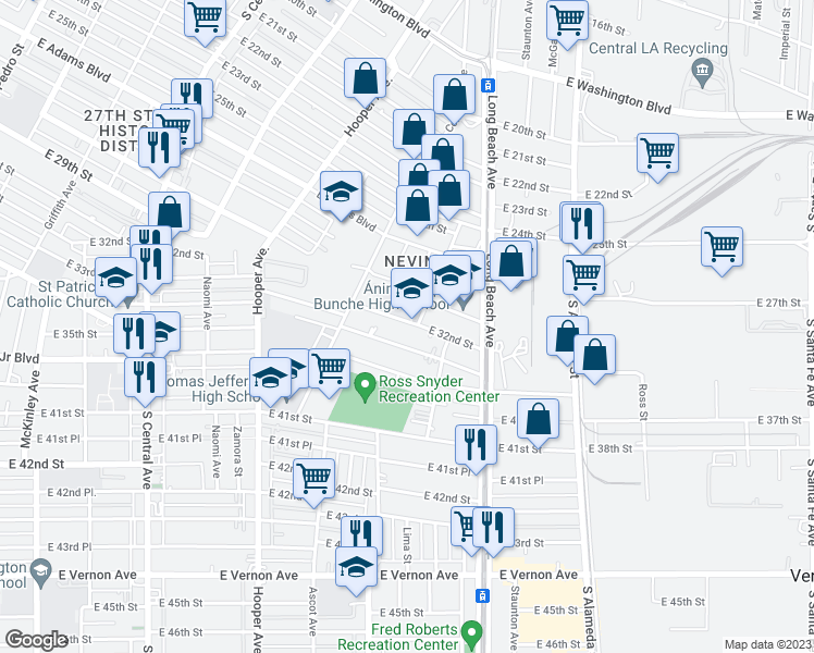 map of restaurants, bars, coffee shops, grocery stores, and more near 1568 East 32nd Street in Los Angeles
