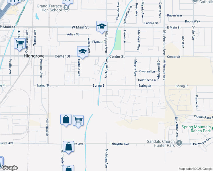 map of restaurants, bars, coffee shops, grocery stores, and more near 500 Spring Street in Riverside