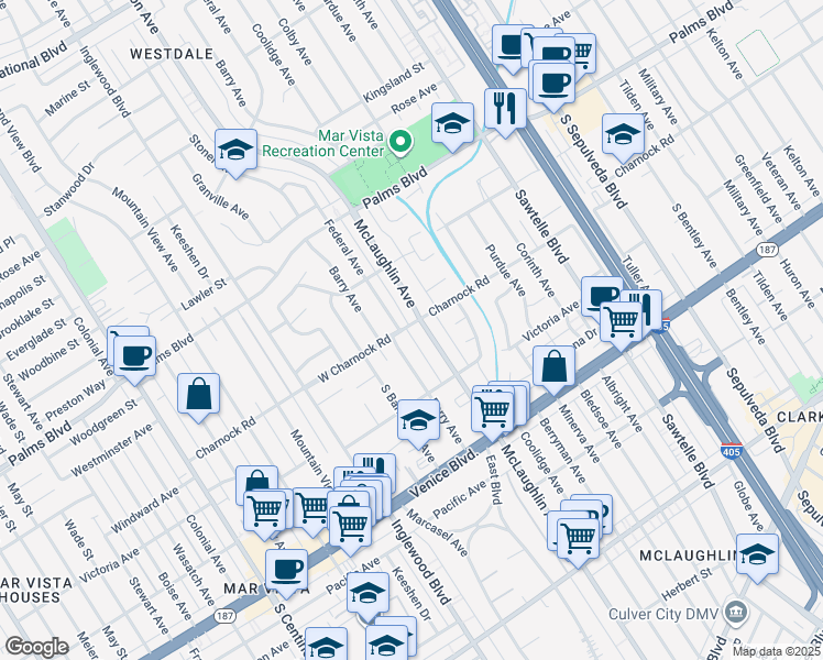 map of restaurants, bars, coffee shops, grocery stores, and more near 11706 Charnock Road in Los Angeles