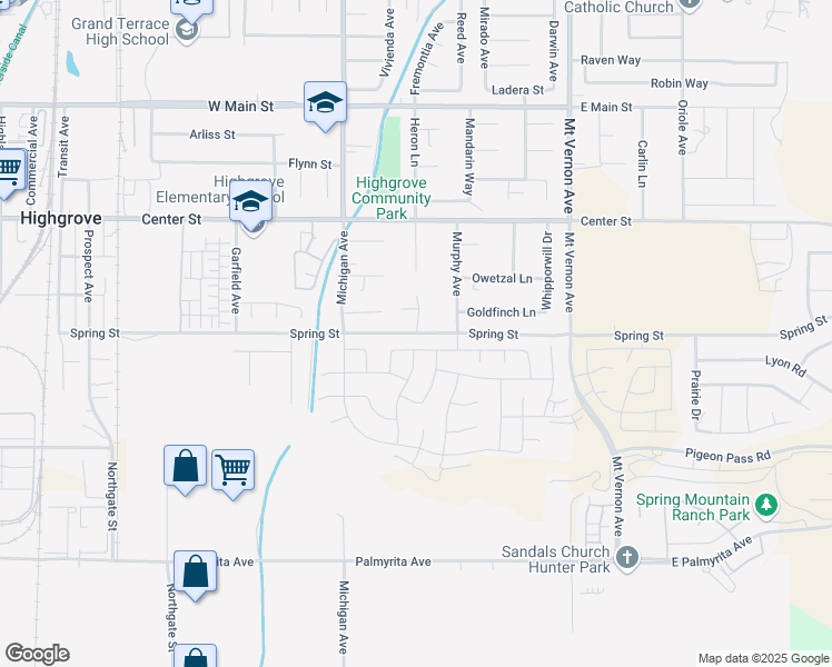 map of restaurants, bars, coffee shops, grocery stores, and more near 270 Spring Street in Riverside