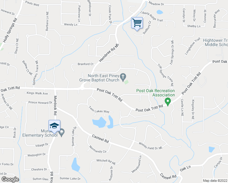 map of restaurants, bars, coffee shops, grocery stores, and more near 3346 Camelot Drive Northeast in Marietta