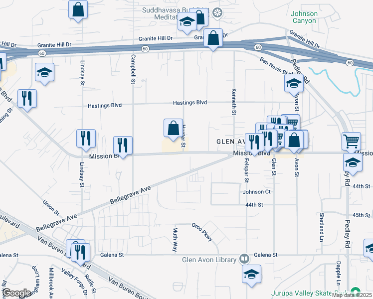 map of restaurants, bars, coffee shops, grocery stores, and more near 9395 Mission Boulevard in Riverside