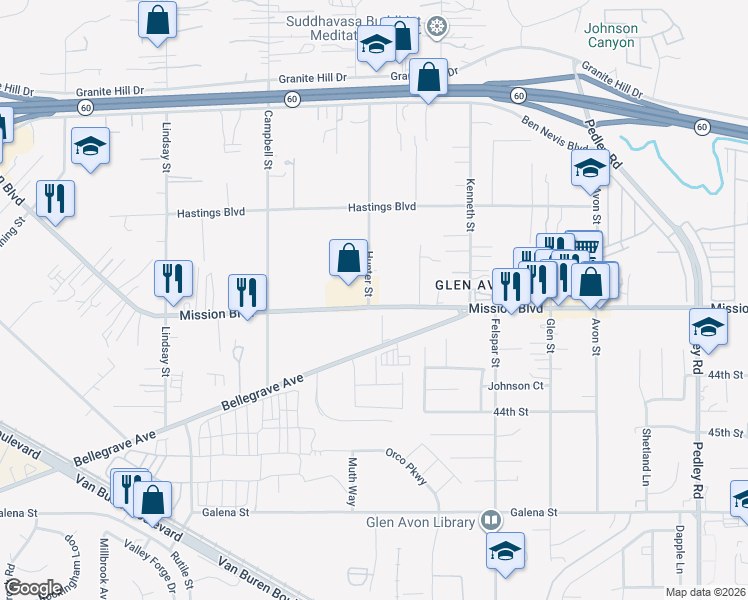 map of restaurants, bars, coffee shops, grocery stores, and more near 4158 Hunter Street in Riverside
