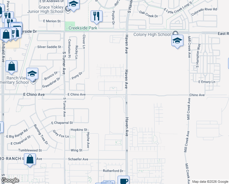 map of restaurants, bars, coffee shops, grocery stores, and more near 3430 East Foxglove Way in Ontario