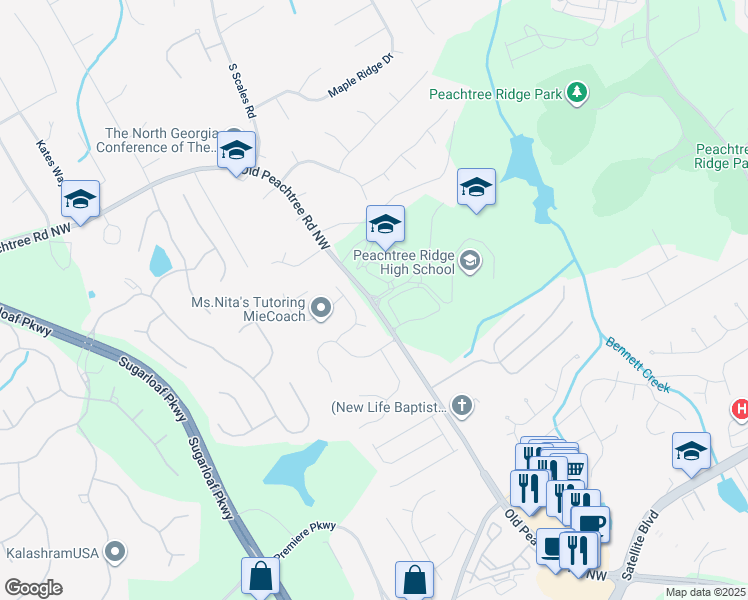 map of restaurants, bars, coffee shops, grocery stores, and more near 1555 Old Peachtree Road Northwest in Suwanee