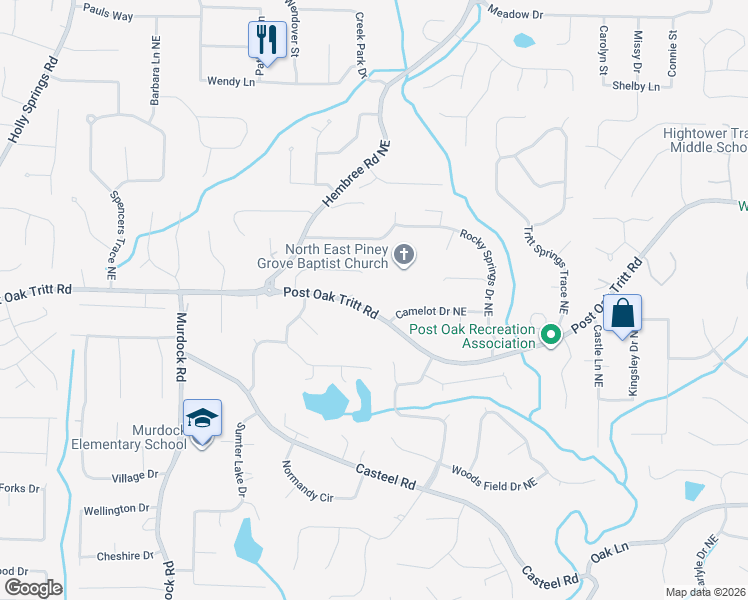 map of restaurants, bars, coffee shops, grocery stores, and more near 3346 Camelot Drive Northeast in Marietta