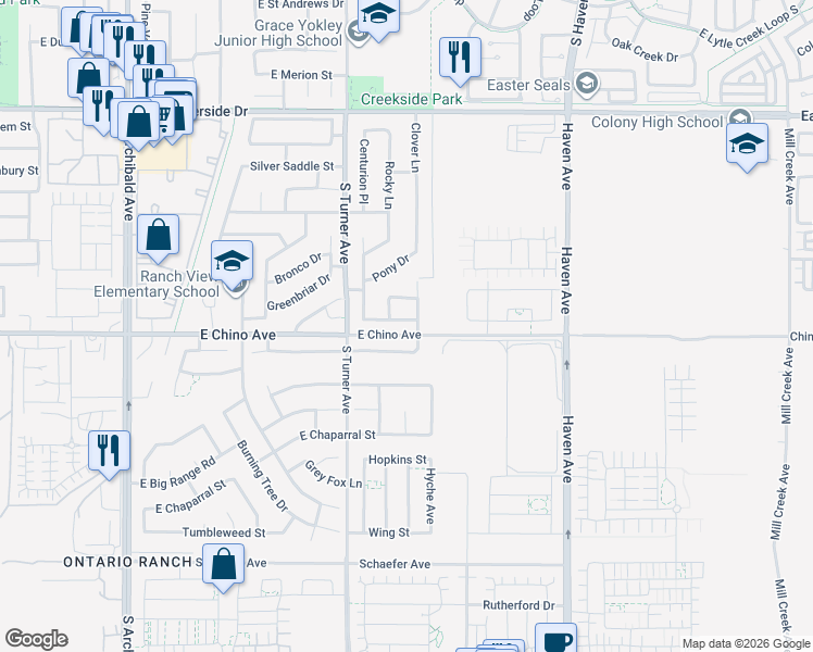 map of restaurants, bars, coffee shops, grocery stores, and more near 3280 Stallion Street in Ontario