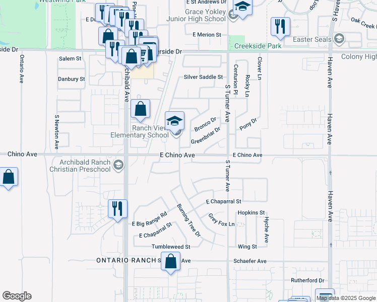 map of restaurants, bars, coffee shops, grocery stores, and more near 2908 Stallion Way in Ontario