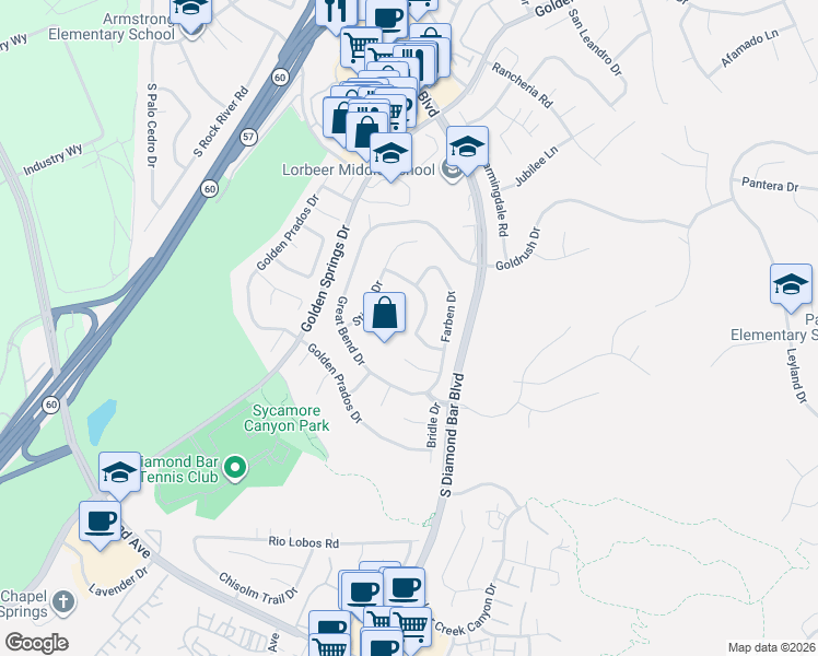 map of restaurants, bars, coffee shops, grocery stores, and more near 732 Panhandle Drive in Diamond Bar