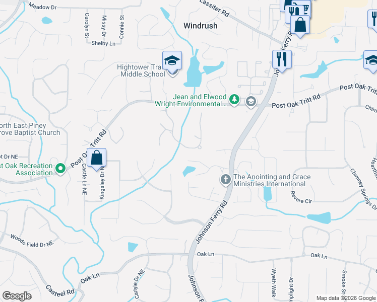map of restaurants, bars, coffee shops, grocery stores, and more near 4064 Tritt Homestead Drive in Marietta