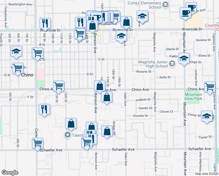 map of restaurants, bars, coffee shops, grocery stores, and more near 13287 17th Street in Chino