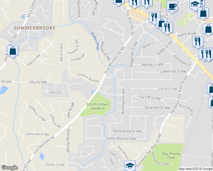 map of restaurants, bars, coffee shops, grocery stores, and more near 3042 Black Gum Court Northwest in Kennesaw