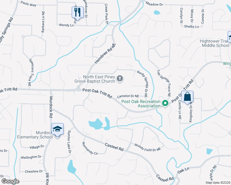 map of restaurants, bars, coffee shops, grocery stores, and more near 3346 Camelot Drive Northeast in Marietta
