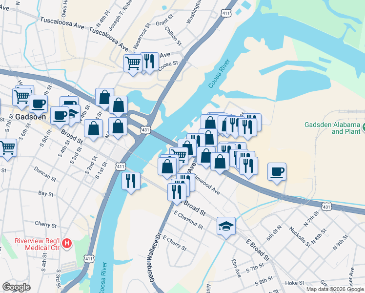 map of restaurants, bars, coffee shops, grocery stores, and more near 300 Lake Street in Gadsden