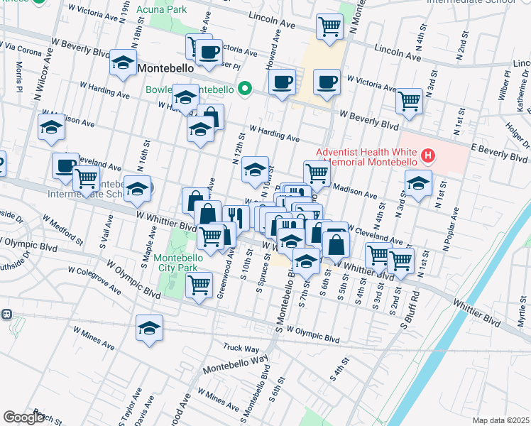 map of restaurants, bars, coffee shops, grocery stores, and more near 200 North 10th Street in Montebello