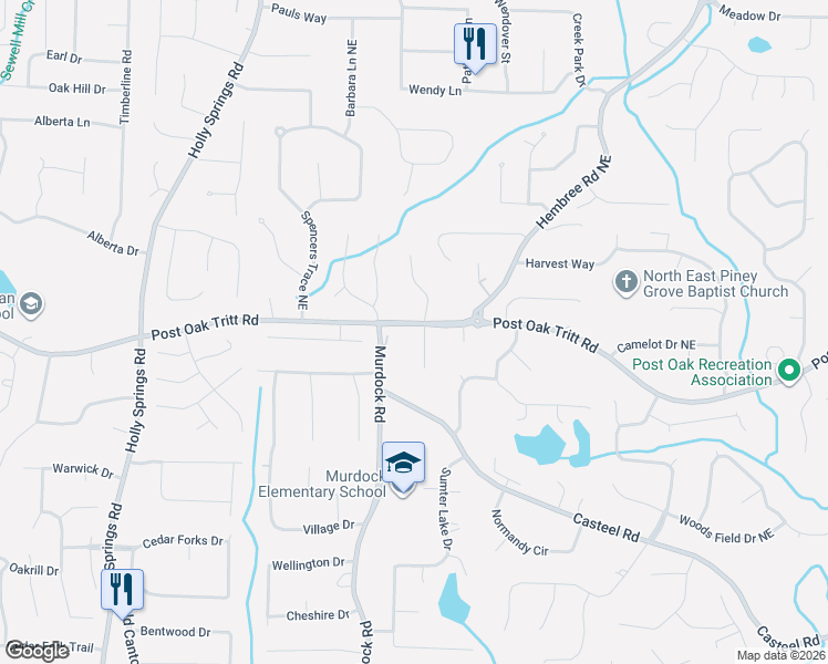 map of restaurants, bars, coffee shops, grocery stores, and more near 2553 Weeping Oak Trace in Marietta