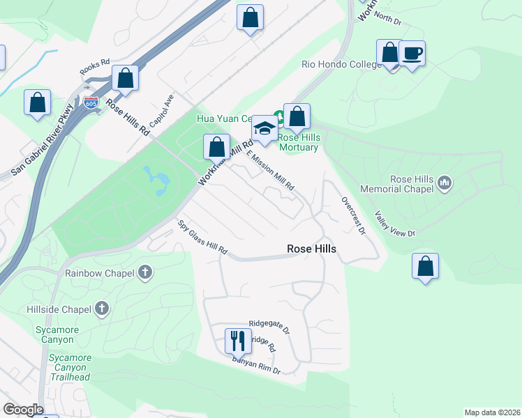 map of restaurants, bars, coffee shops, grocery stores, and more near 10505 Cliota Street in Whittier