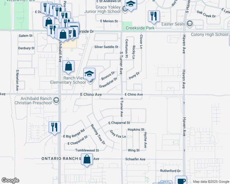 map of restaurants, bars, coffee shops, grocery stores, and more near 2940 Stallion Way in Ontario