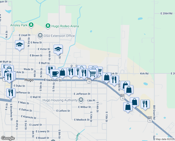 map of restaurants, bars, coffee shops, grocery stores, and more near 1209 East Kirk Street in Hugo