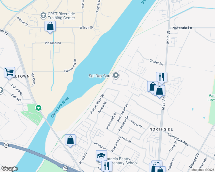 map of restaurants, bars, coffee shops, grocery stores, and more near 1087 Peach Grove in Riverside