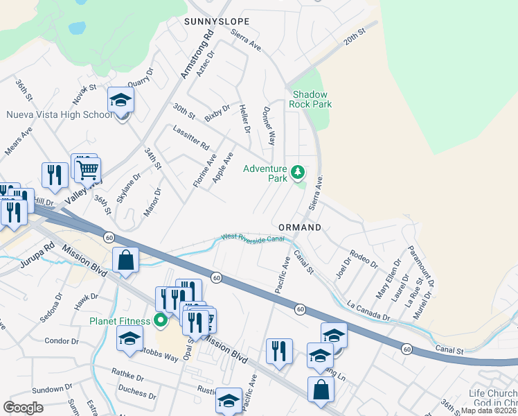map of restaurants, bars, coffee shops, grocery stores, and more near 6401 33rd Street in Riverside
