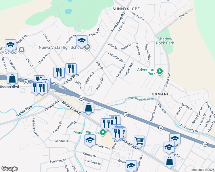 map of restaurants, bars, coffee shops, grocery stores, and more near 6544 34th Street in Riverside