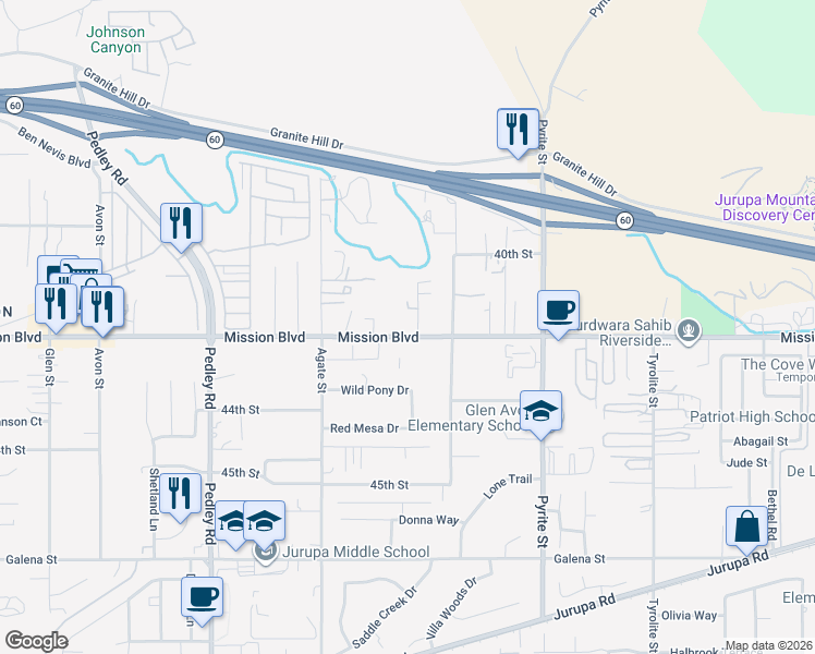 map of restaurants, bars, coffee shops, grocery stores, and more near 8445 Mission Boulevard in Riverside
