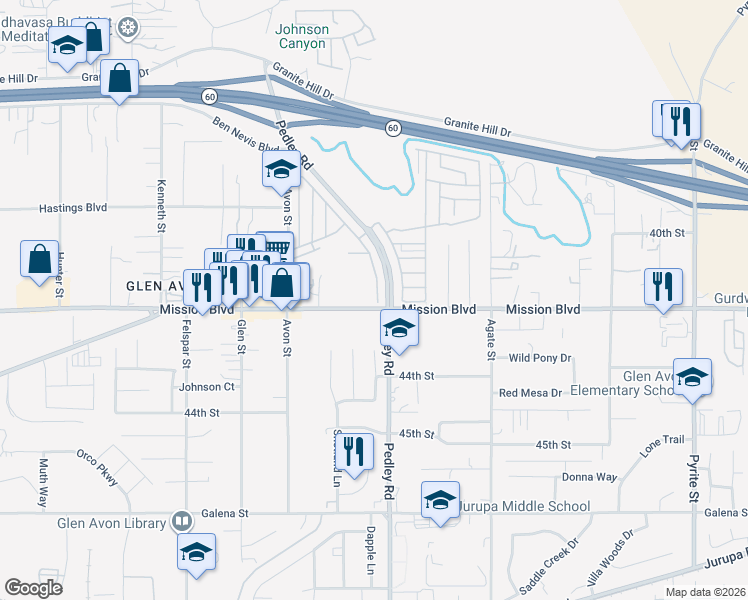 map of restaurants, bars, coffee shops, grocery stores, and more near in Jurupa Valley