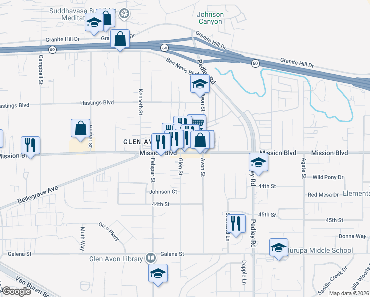 map of restaurants, bars, coffee shops, grocery stores, and more near 9085 Mission Boulevard in Riverside