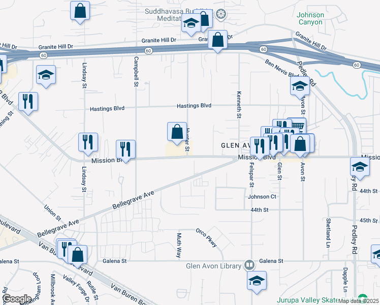 map of restaurants, bars, coffee shops, grocery stores, and more near 4158 Hunter Street in Riverside