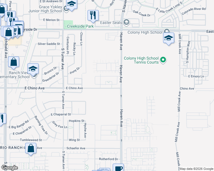 map of restaurants, bars, coffee shops, grocery stores, and more near 13210 Haven Avenue in Ontario