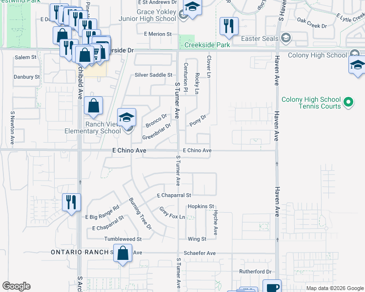 map of restaurants, bars, coffee shops, grocery stores, and more near 3367 Centurion Place in Ontario