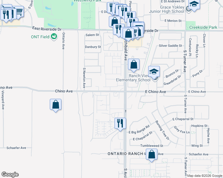 map of restaurants, bars, coffee shops, grocery stores, and more near 3198 South Colonial Avenue in Ontario