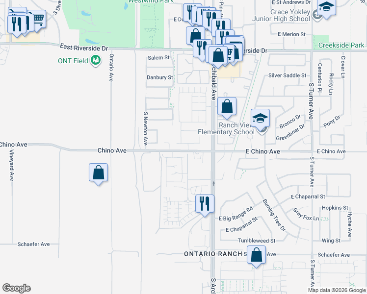 map of restaurants, bars, coffee shops, grocery stores, and more near 3198 South Colonial Avenue in Ontario