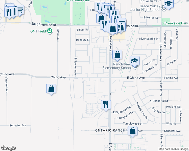 map of restaurants, bars, coffee shops, grocery stores, and more near 3198 South Colonial Avenue in Ontario