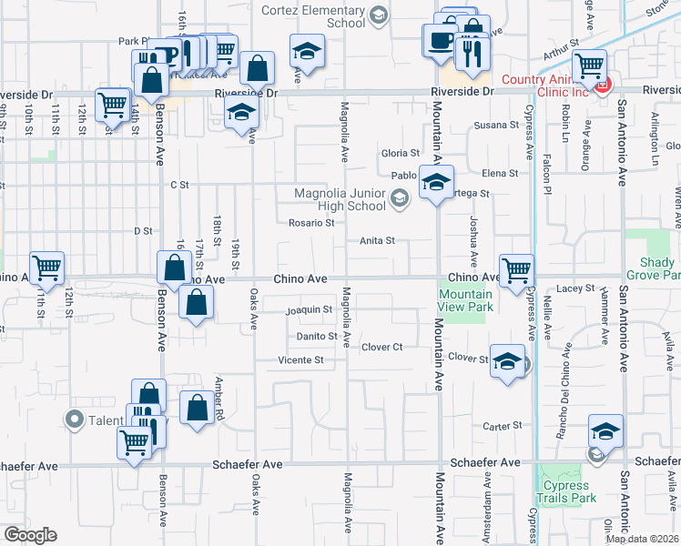 map of restaurants, bars, coffee shops, grocery stores, and more near 13271 Rancho Bernard Court in Chino