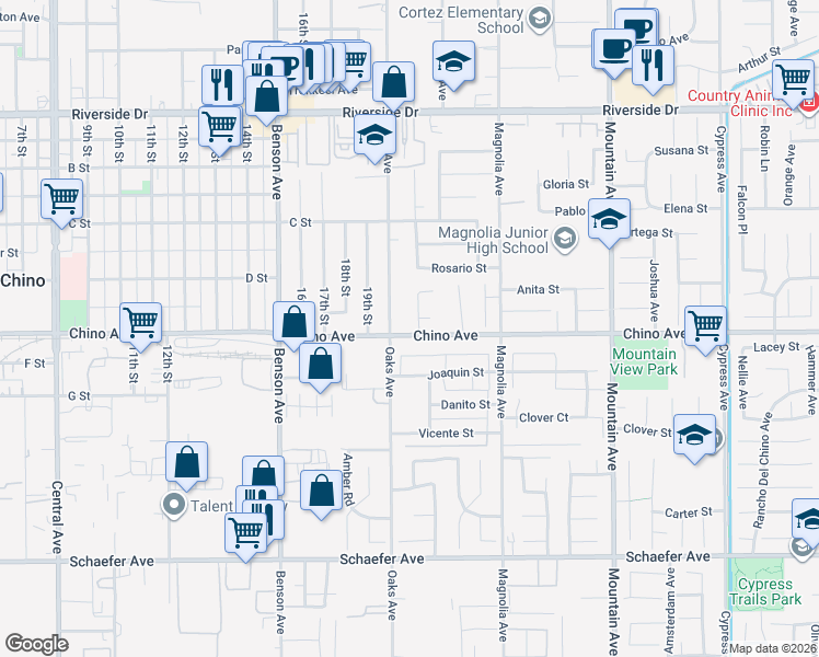 map of restaurants, bars, coffee shops, grocery stores, and more near 5948 Olvera Court in Chino