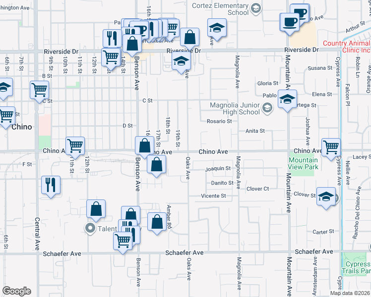 map of restaurants, bars, coffee shops, grocery stores, and more near 13272 Oaks Avenue in Chino