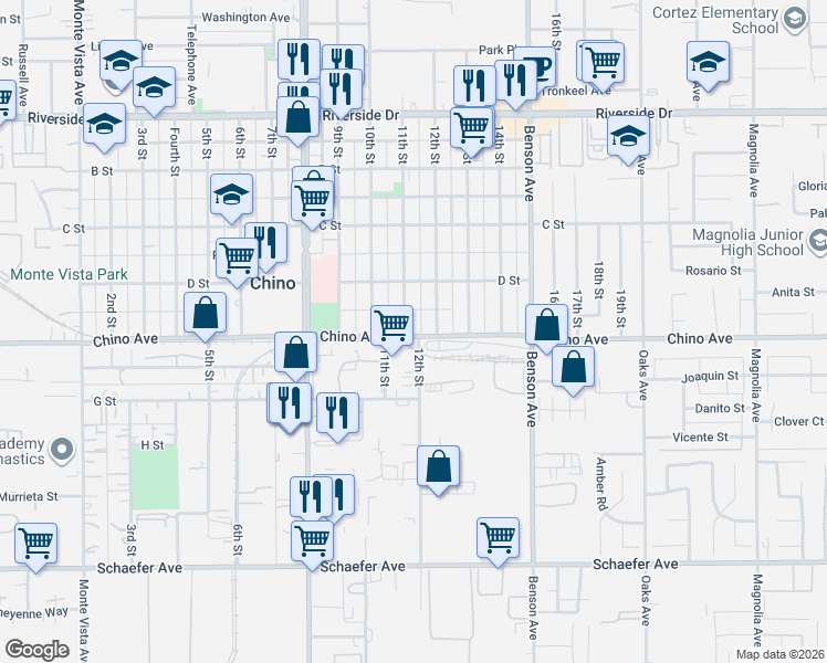 map of restaurants, bars, coffee shops, grocery stores, and more near 13263 11th Street in Chino