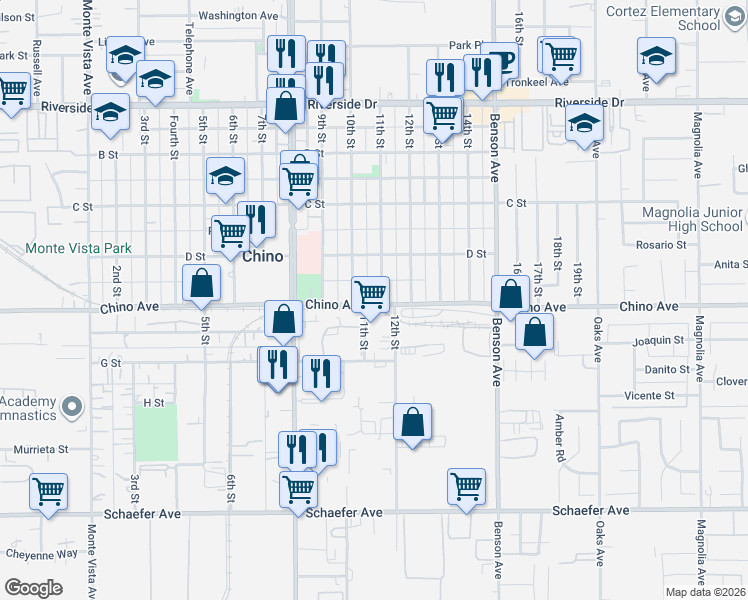 map of restaurants, bars, coffee shops, grocery stores, and more near 13263 11th Street in Chino