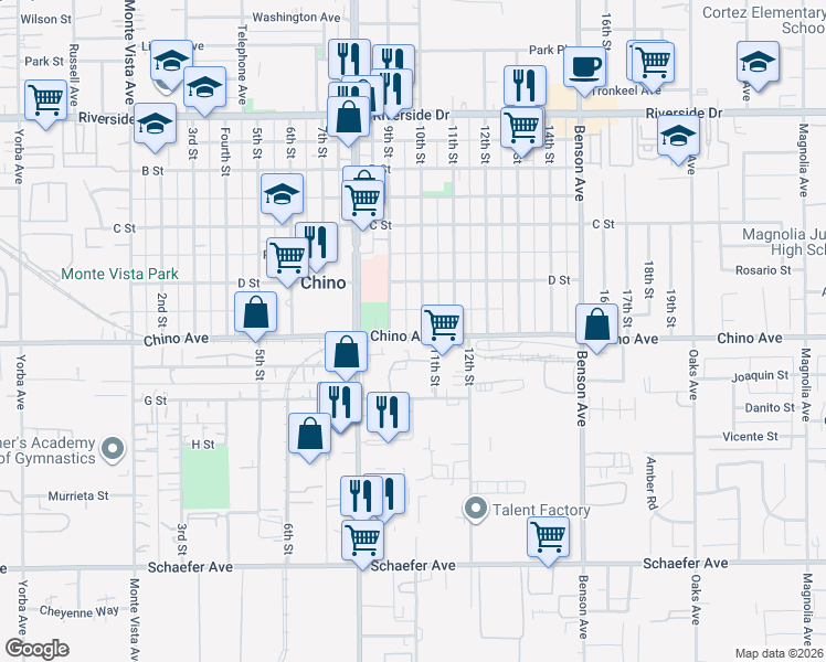 map of restaurants, bars, coffee shops, grocery stores, and more near 13264 10th Street in Chino